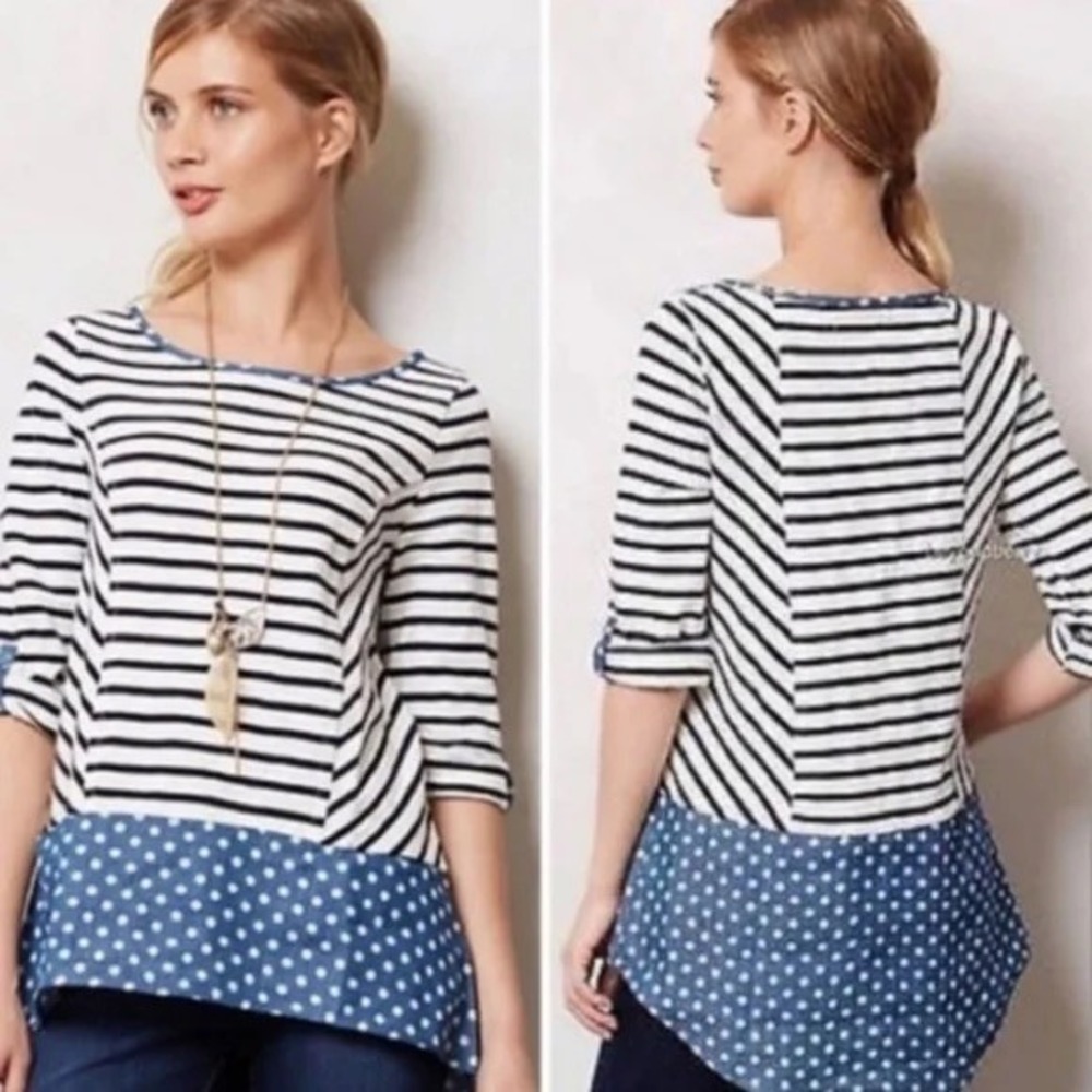 Anthropologie Postmark Blue & White Striped and Polka Dot Long Sleeve Size Small